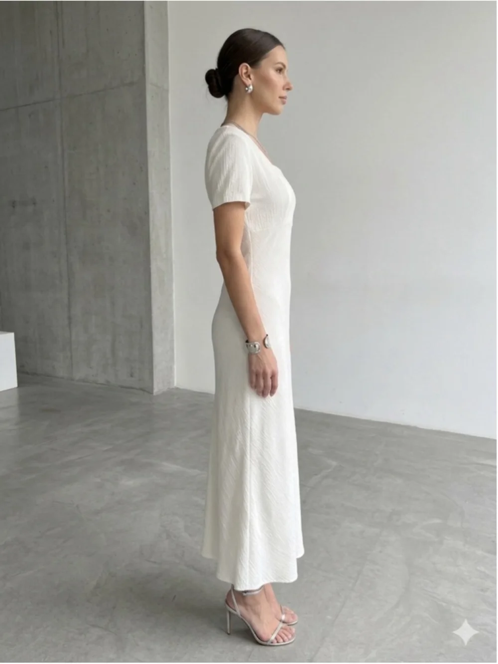 VTG Jay Jacobs Cream Maxi Dress 7/8 Textured Crinkle Minimalist Wedding Bridal